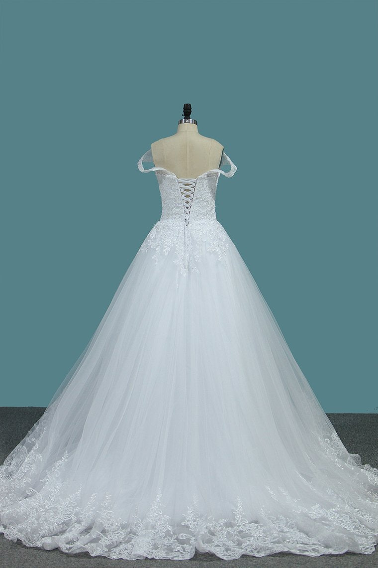 2024 A Line Tulle Off The Shoulder Wedding Dresses With Applique Sweep Train