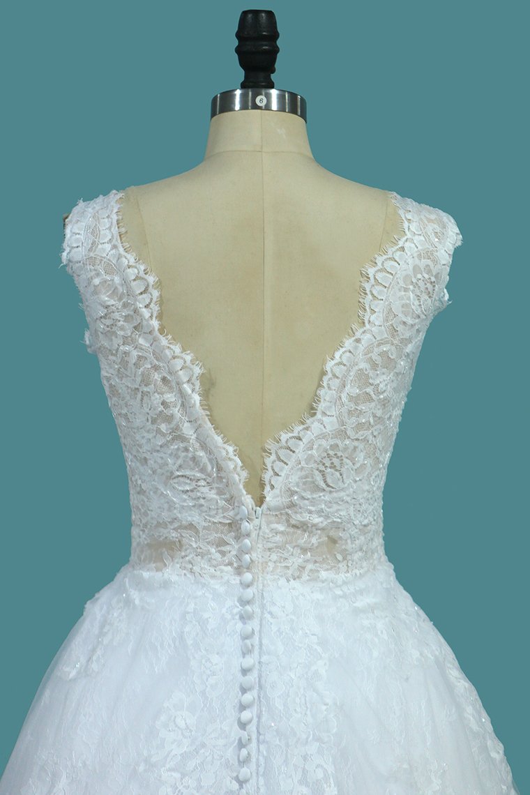 2024 A Line Lace V Neck Wedding Dresses With Applique Open Back Court Train