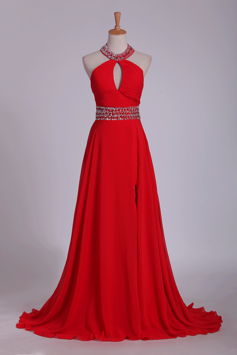 2024 Prom Dresses A Line Halter Chiffon With Beading And Ruffles