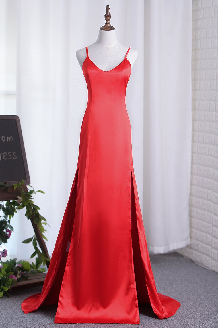 2024 Sexy Sheath/Column Red Slit Evening Dresses Elastic Satin