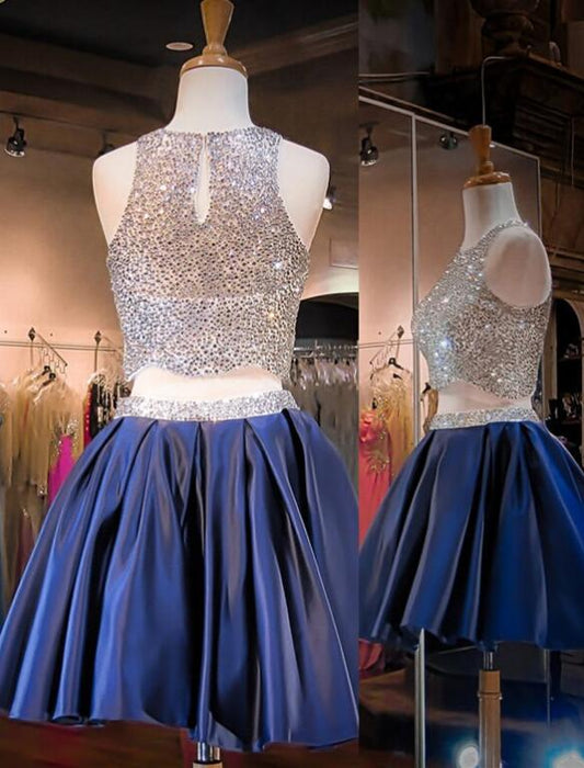 Navy Blue Two Piece Beading Short Prom Gown Sweet 16 Dress Bling Homecoming Dress JS877