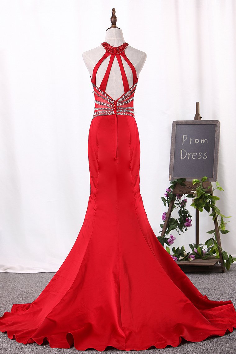 Mermaid Scoop Satin Open Back Prom Dresses With Beading