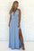 A-Line V Neck Criss Cross Light Blue Chiffon Long Prom Dresses with Split, Formal Dresses SRS15053