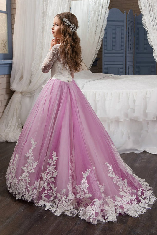 2024 Scoop Flower Girl Dresses Long Sleeves Tulle With Applique And Sash A Line