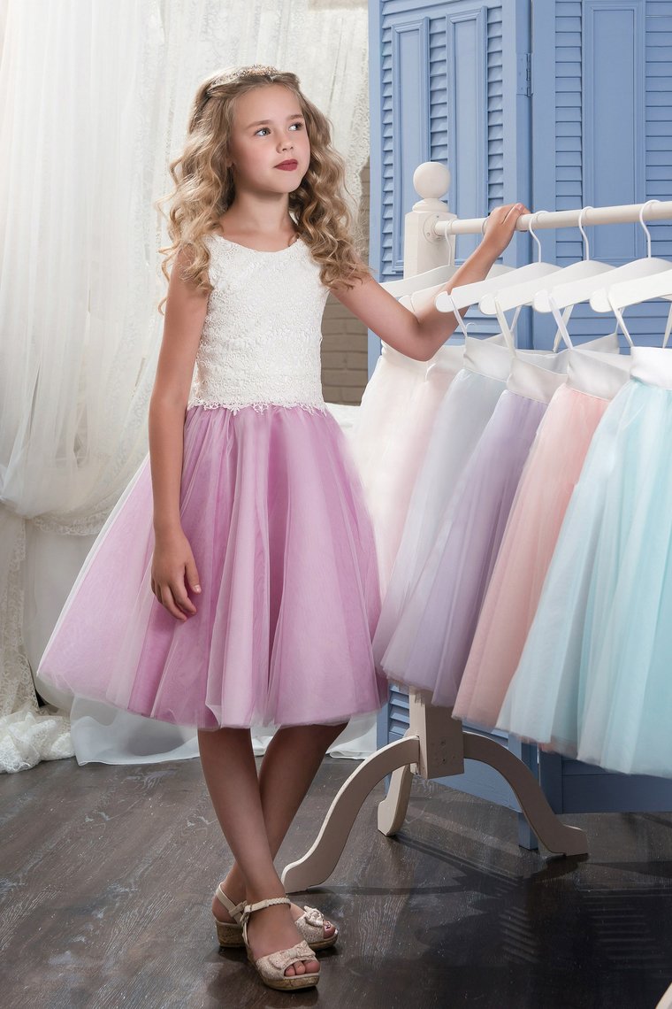 2024 Bicolor Scoop Tulle & Lace A Line Knee Length Flower Girl Dresses