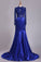 2024 Long Sleeve Evening Dresses Mermaid/Trumpet Elastic Satin With Applique Dark Royal Blue