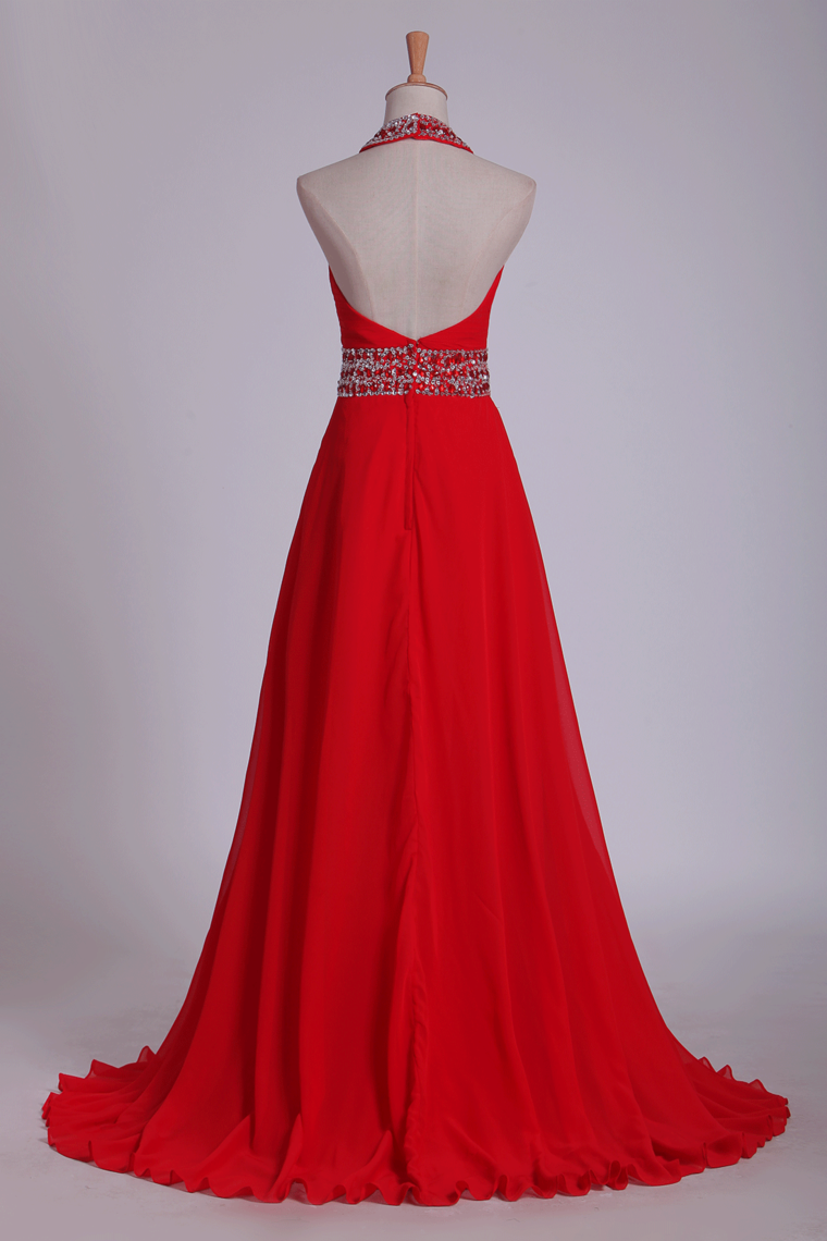 2024 Prom Dresses A Line Halter Chiffon With Beading And Ruffles
