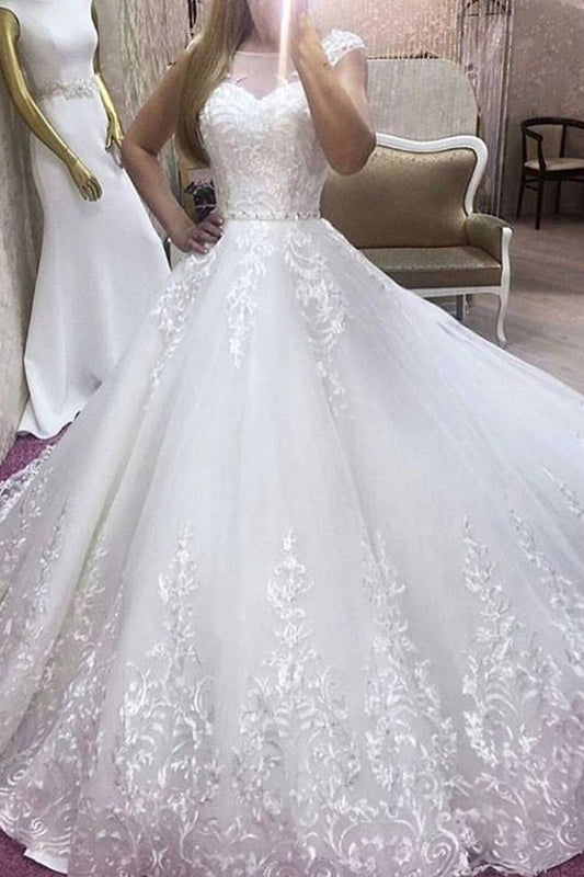 2024 New Arrival A-Line Wedding Dress Scoop Neck Tulle With Appliques And Belt