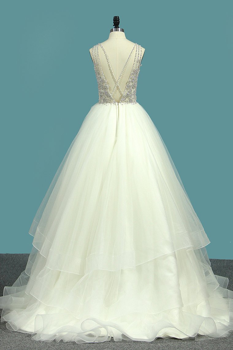 New Arrival A Line Tulle Scoop Beaded Bodice Wedding Dresses