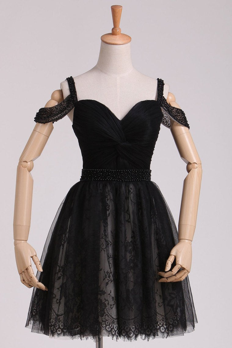 2024 Black Straps A Line Homecoming Dresses Lace With Ruffles & Beads