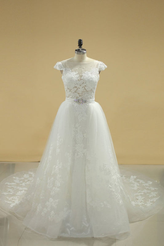 2024 Bateau Sheath Wedding Dresses Tulle With Applique And Sash