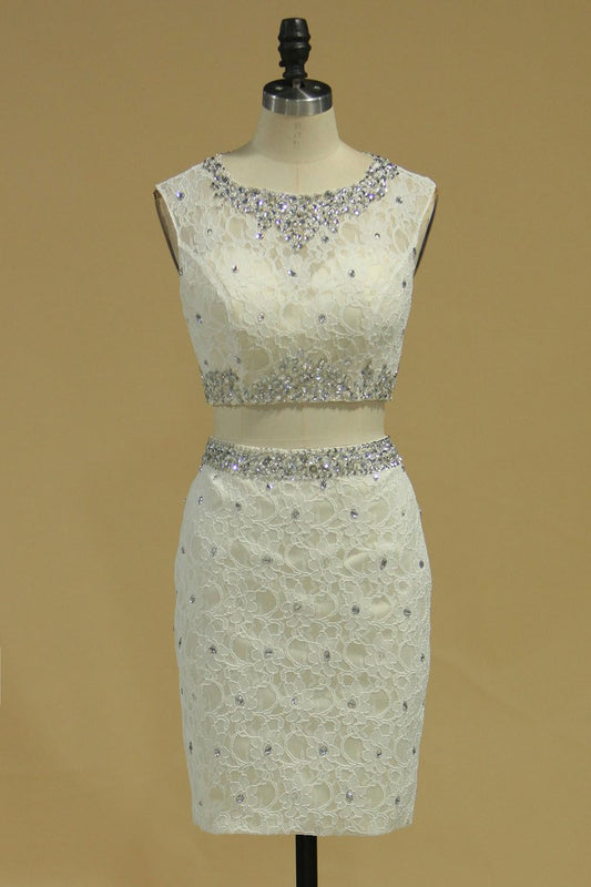 Two Pieces Scoop Sheath Homecoming Dresses With Beads Lace