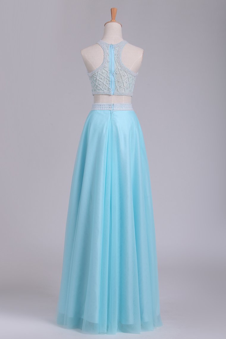 Two Pieces Scoop Prom Dresses A Line Tulle With Beads Floor Length