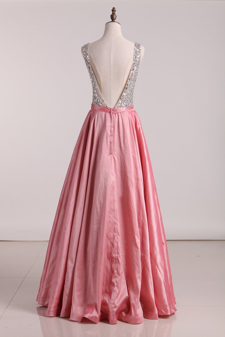 2024 Taffeta Prom Dresses V Neck Beaded Bodice A Line Floor Length