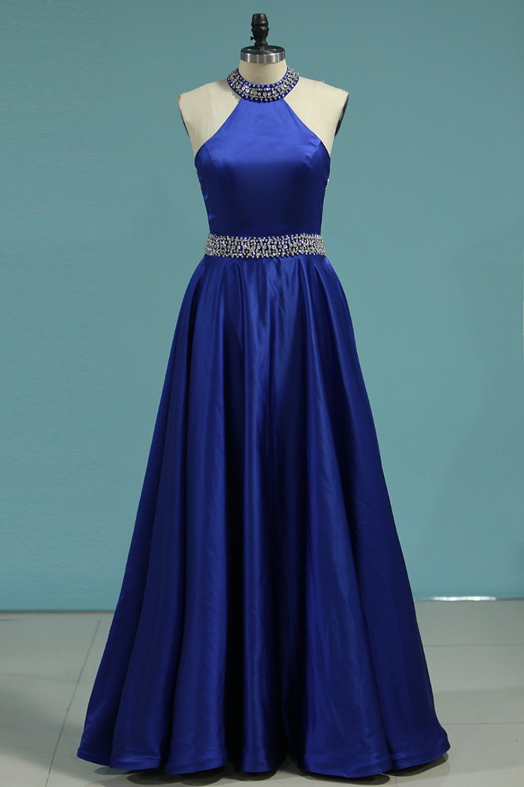 2024 New Arrival High Neck Open Back A Line Satin With Beading Prom Dresses