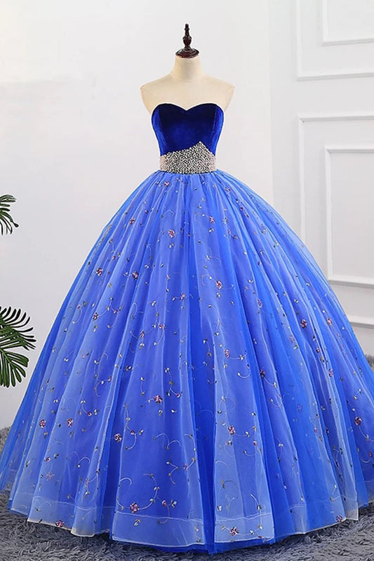 Ball Gown Sweetheart Strapless Blue Prom Dresses with Beading, Tulle Quinceanera Dresses SRS15073