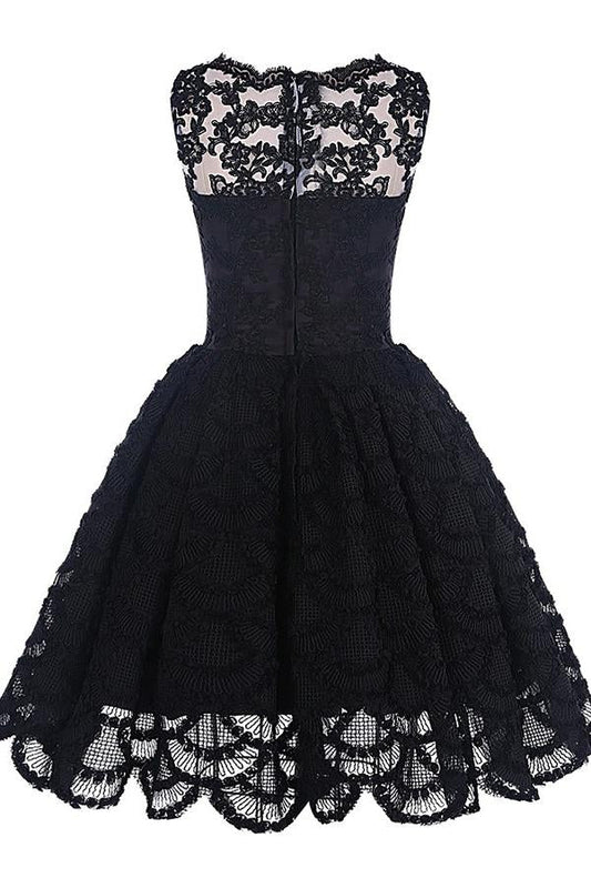 A-Line Scalloped-Edge Sleeveless Vintage Black Lace Knee-Length Homecoming Dress JS235
