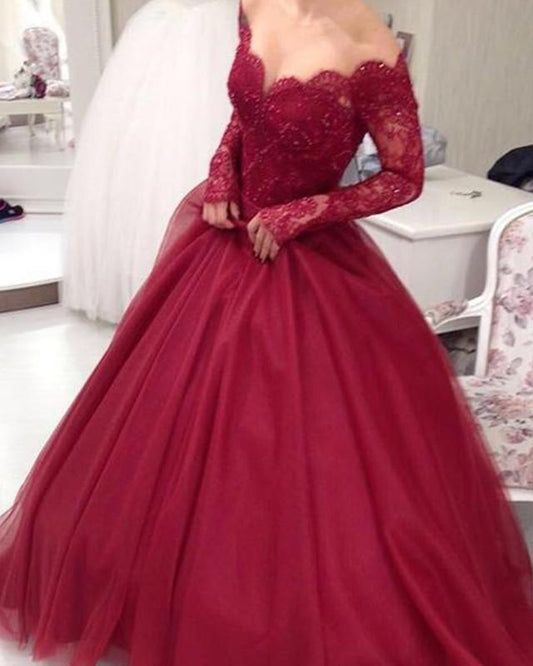 Elegant Tulle Quinceanera Dresses Ball Gowns Lace Long Sleeves