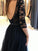 Black round neck tulle lace long prom dress, black evening dress