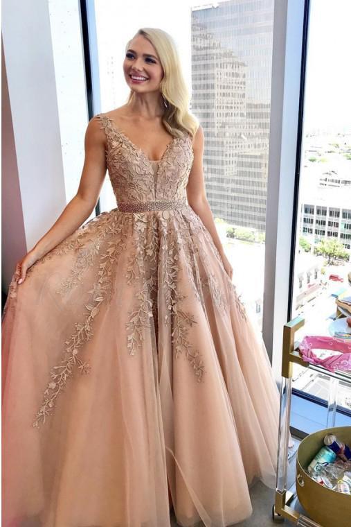 Charming A Line V Neck Beads Tulle Prom Dresses with Appliques, Floor Length Formal Dresses SRS15092