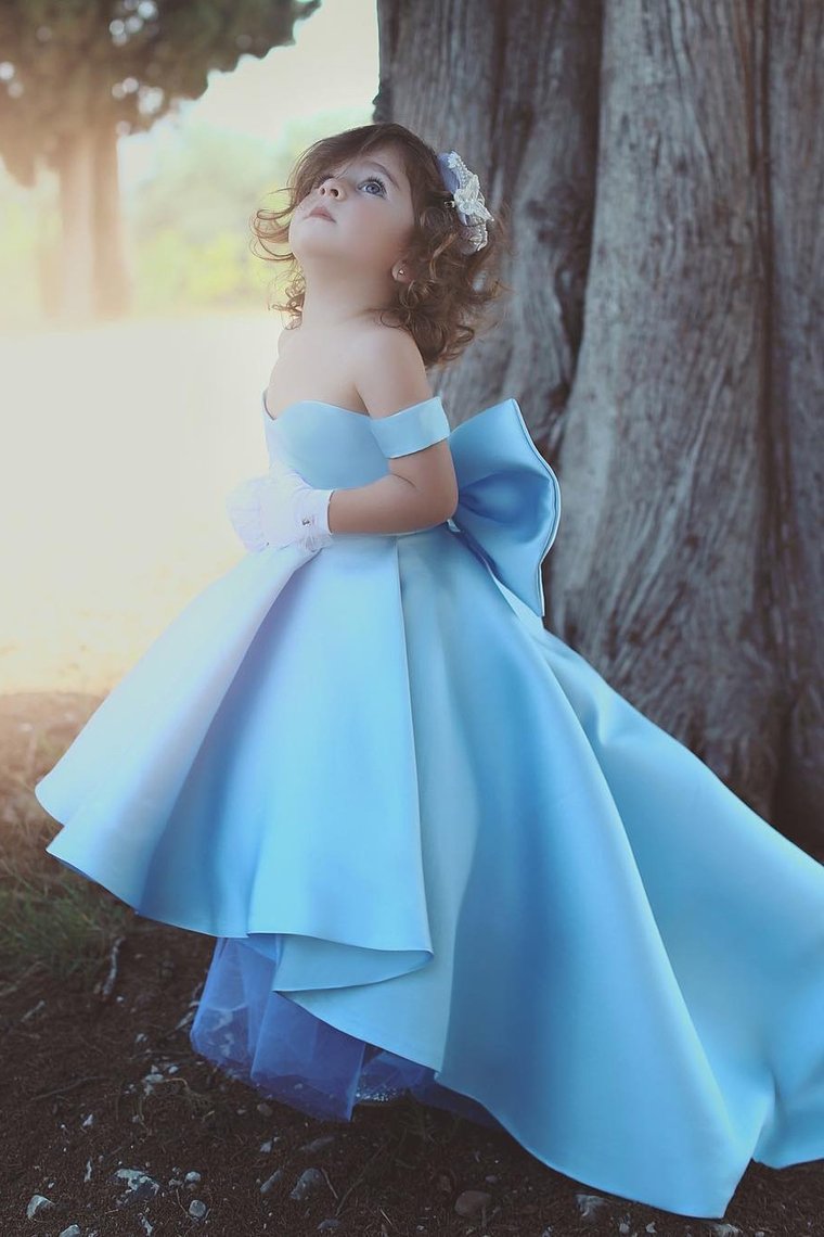 2022 Off The Shoulder Flower Girl Dresses Satin A Line With Bow Knot Asymmetrical