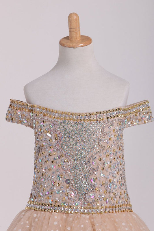 2024 Boat Neck Tulle With Beads Ball Gown Flower Girl Dresses Floor Length