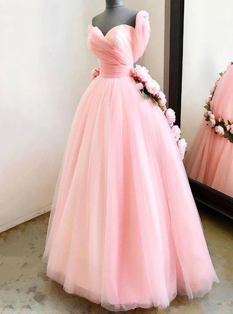 Charming Ball Gown Sweetheart Long Prom Dresses, Pink Sweet 16 Dress With Handmade Flowers SRS15094