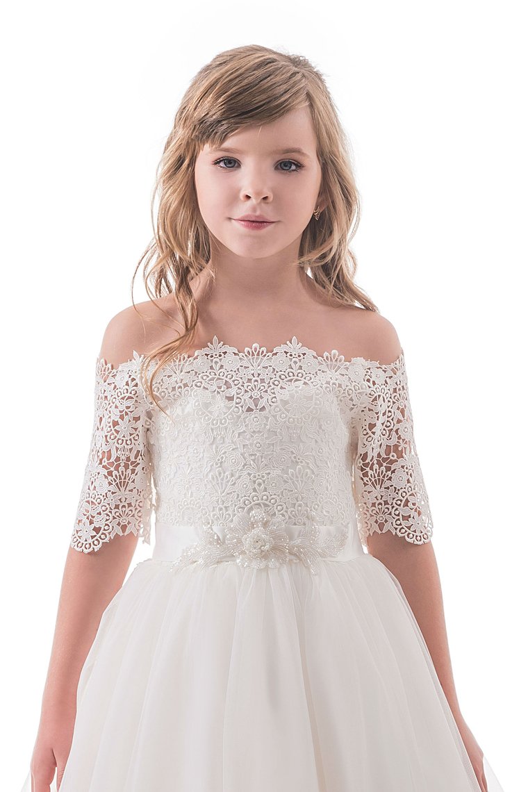 2024 Boat Neck Mid-Length Sleeves A Line Tulle With Applique Flower Girl Dresses