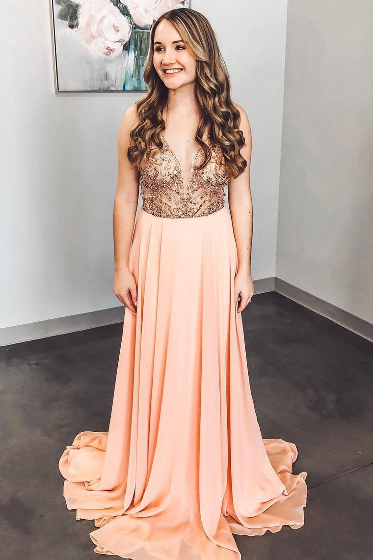 V-Neck Prom Dresses A-Line With Beads&Sequins
