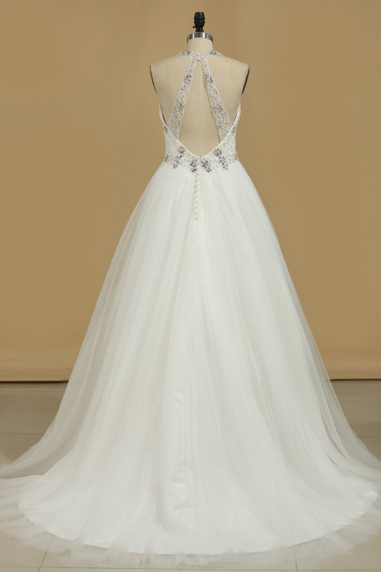 2024 Halter Wedding Dresses A Line Open Back Tulle With Emroidery And Beads