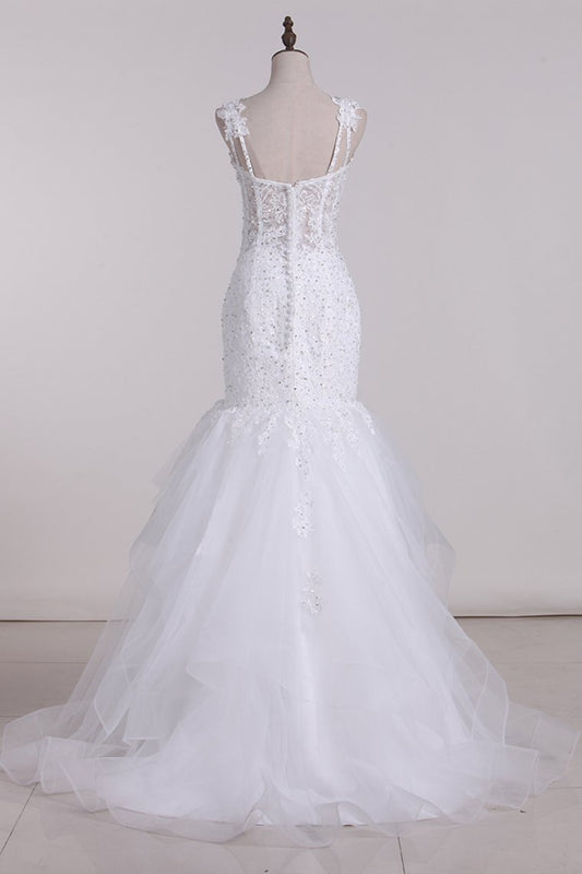 2024 New Arrival Spaghetti Straps Mermaid Wedding Dresses Tulle With Applique