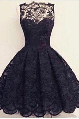 Vintage Scalloped-Edge Sleeveless Lace Black Party Prom Dresses with Appliques