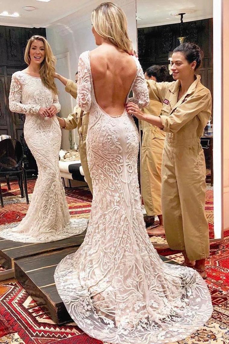 Ivory Backless Long Sleeves Mermaid Wedding Dress Embroidery& Beads Wedding SRSPYJ9JRQB