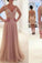 Elegant Long Sleeve Lace Tulle Pink Sexy A-Line V-Neck Prom Dresses 2022