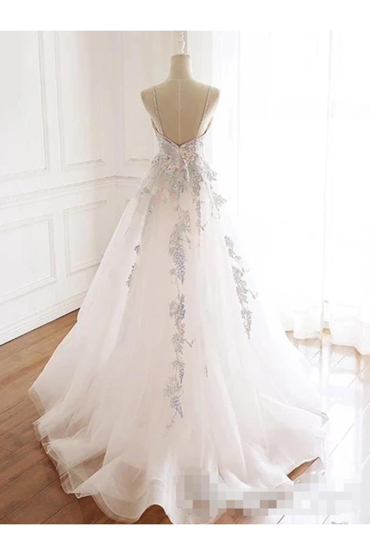 Beaded Spaghetti Strap Illusion V Neckline Wedding Dress With Colorful SRSPH7CQTB3