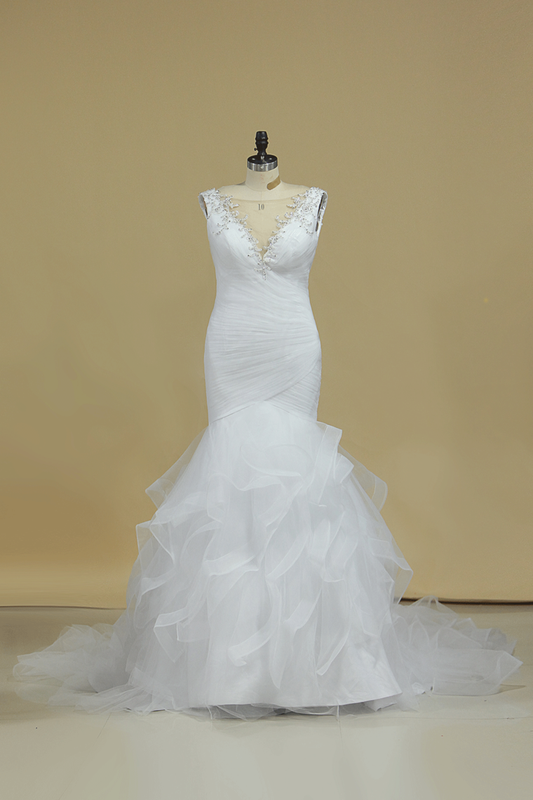 2024 V Neck Mermaid Wedding Dresses Tulle With Applique And Ruffles Chapel Train