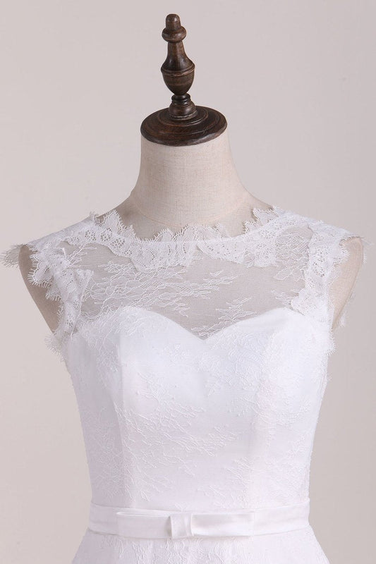 2024 A Line Wedding Dresses Scoop Lace With Sash Tea-Length