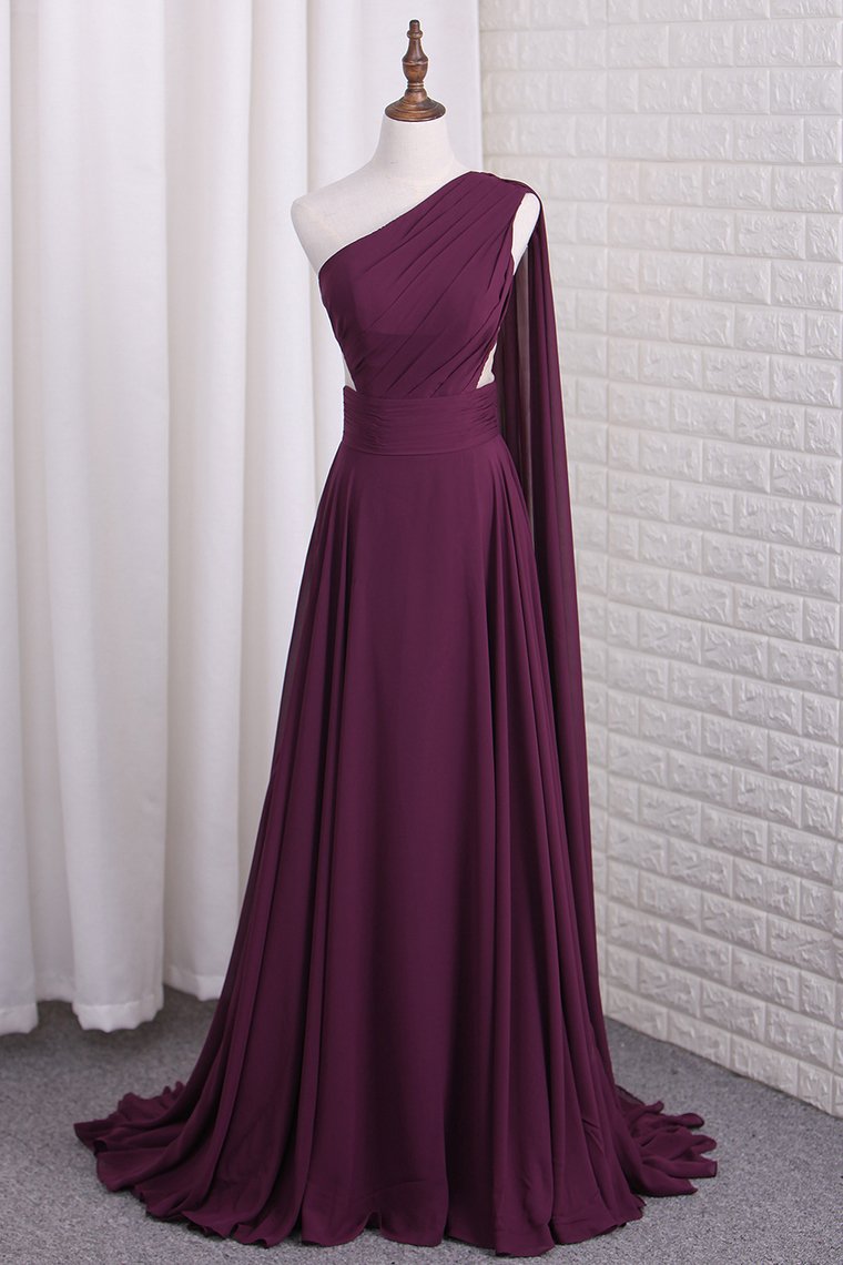 2024 One Shoulder A Line Chiffon Prom Dresses With Ruffles Sweep Train