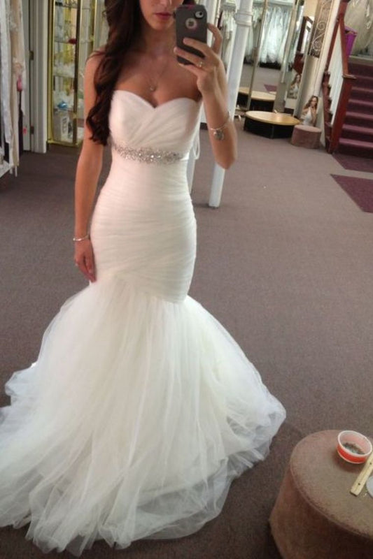 2024 Stunning Sweetheart Mermaid/Trumpet Wedding Dresses Pleated Bodice Tulle Lace Up