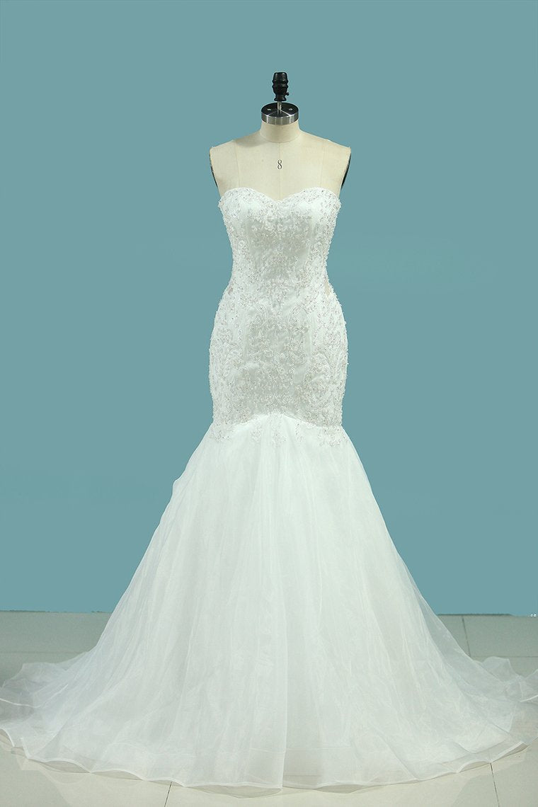 2022 Sweetheart Wedding Dresses Mermaid Organza With Applique And Beads