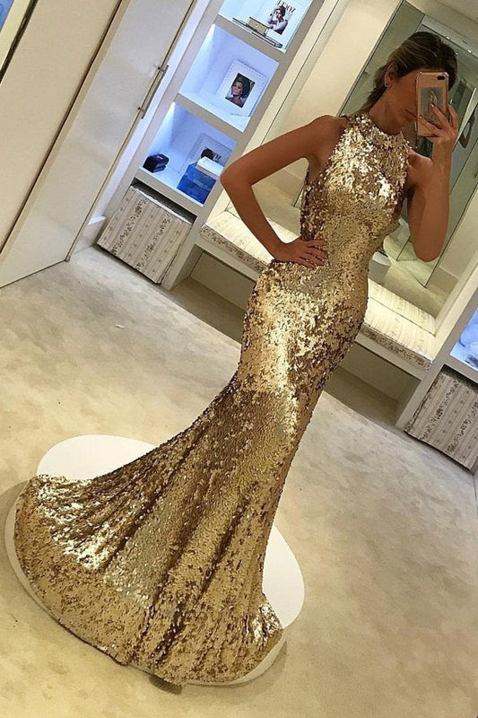 2024 New Arrival High Neck Sequins Mermaid/Trumpet Prom Dresses Sweep/Brush Train