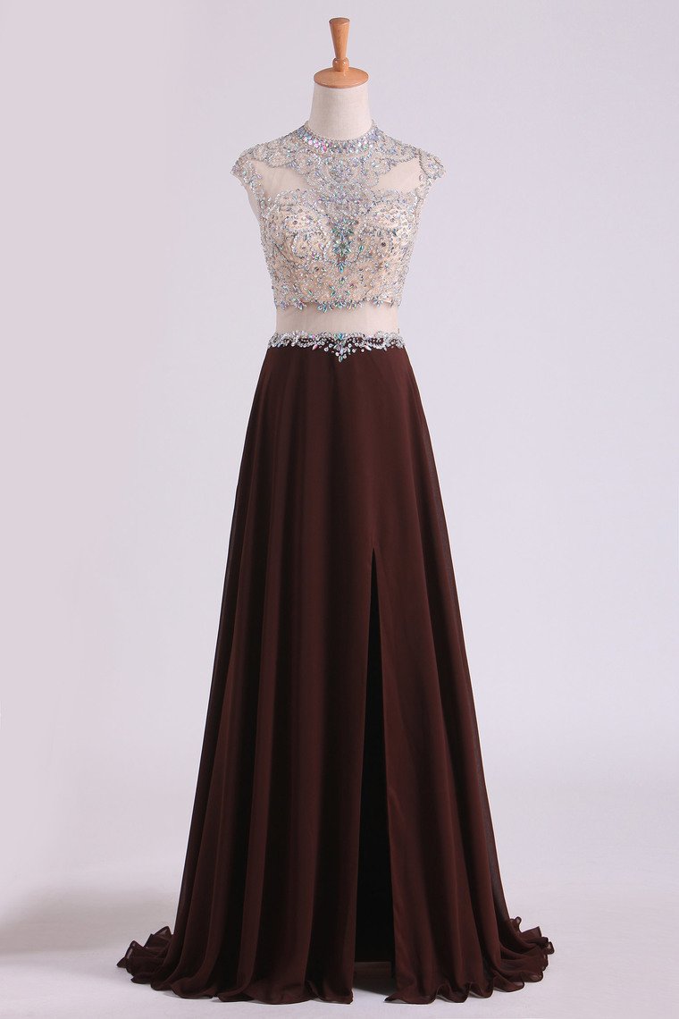 2024 Scoop Prom Dresses A Line Beaded Bodice Chiffon & Tulle With Slit Color Chocolate