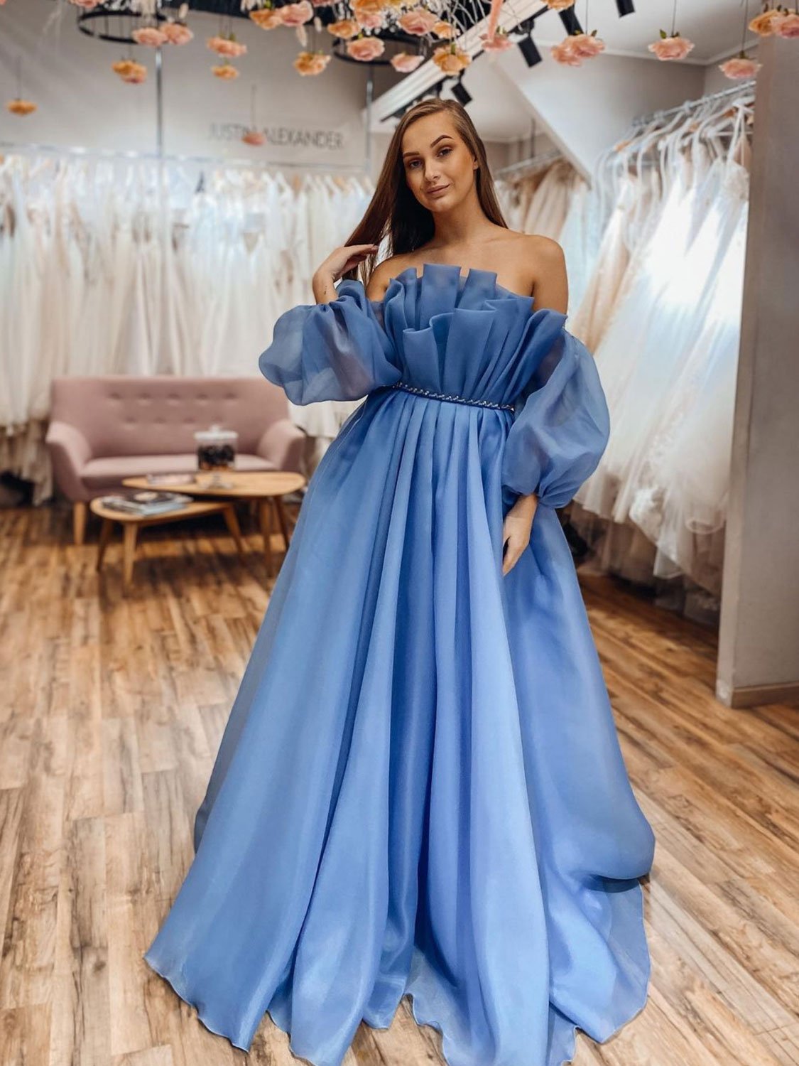 Blue Organza Long Prom Dresses,Off Shoulder Sleeveless Formal Dress