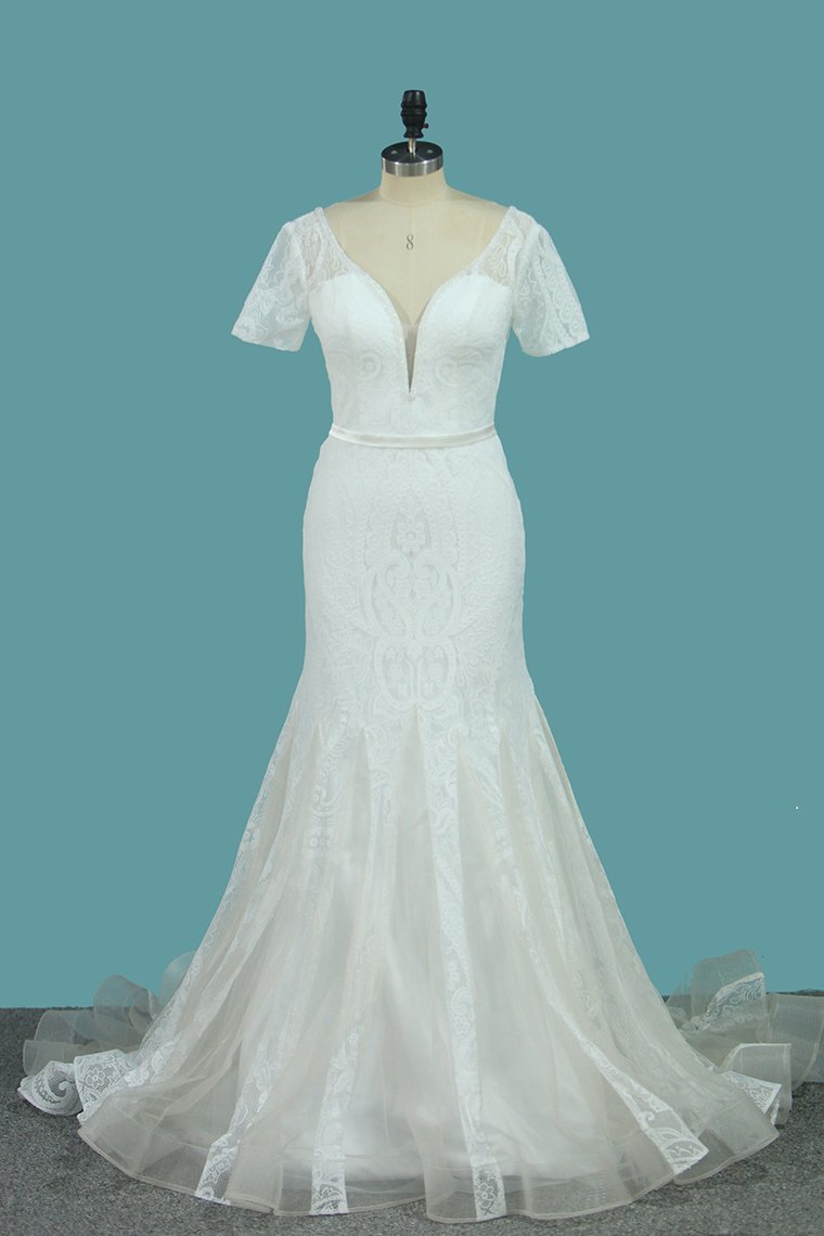 Short Sleeve Wedding Dresses Tulle Mermaid With Applique And Sash Sweep Train