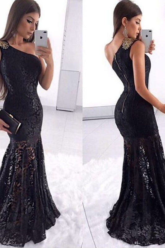 2024 Sexy Black Lace  Prom Dresses One Shoulder Mermaid Zipper Up