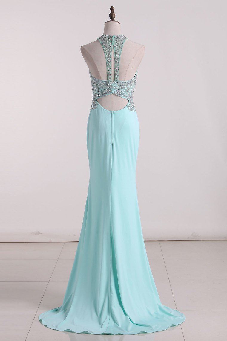 2024 Spandex Scoop Prom Dresses Mermaid With Beading Open Back