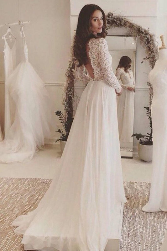 2024 Sexy Open Back Scoop Long Sleeves Wedding Dresses A Line Chiffon & Lace