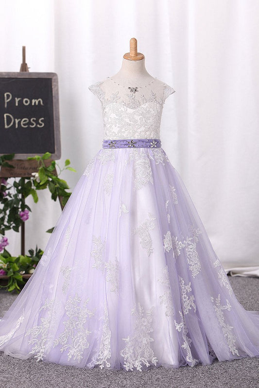 2024 Ball Gown Scoop Tulle Flower Girl Dresses With Sash/Belt Appliques