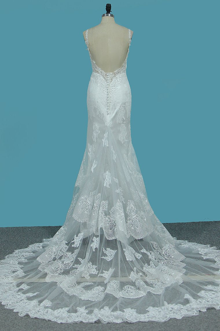 2024 Spaghetti Straps Mermaid Wedding Dresses Tulle With Beads&Appliques Open Back