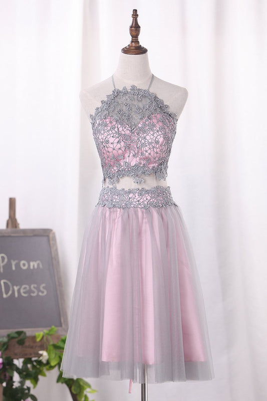 Two Pieces Halter Homecoming Dresses A Line Tulle Short/Mini Lace Bodice